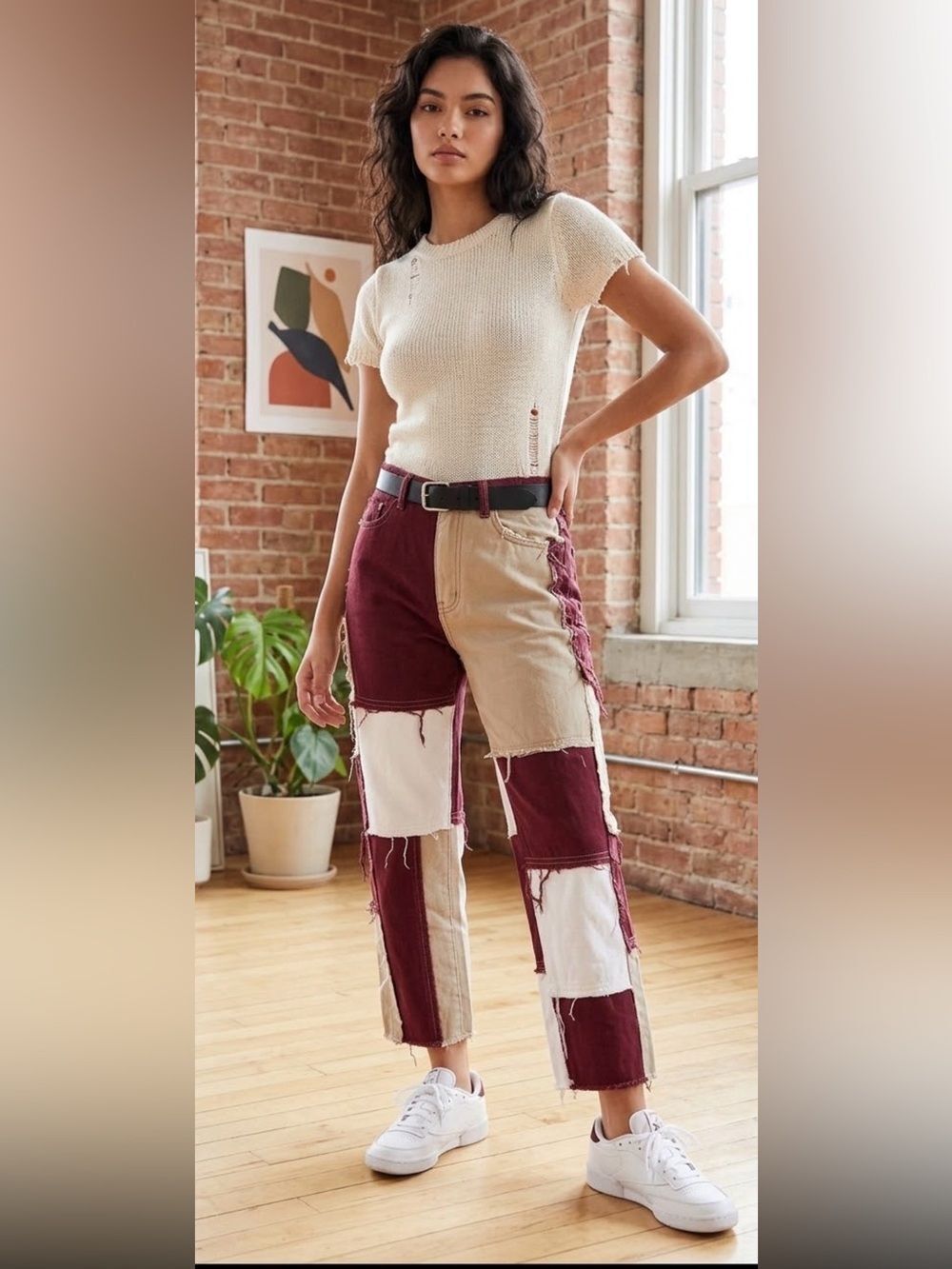 Mei Na Fashion Burgundy, Tan patchwork pants waist 26”, inseam 25”, mid rise 11”